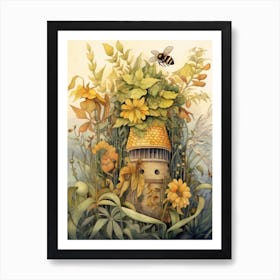 Flowering Plants Bee Beehive Watercolour Illustration 4 Art Print
