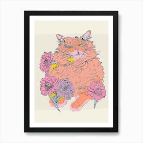Cute Main Coon Cat With Flowers Illustration 2 Art Print