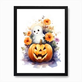 Cute Ghost With Pumpkins Halloween Watercolour 90 Art Print