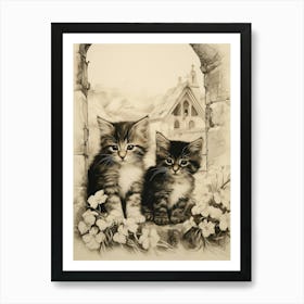 Cute Kittens Sepia Illustration With Medieval Church In Background Art Print