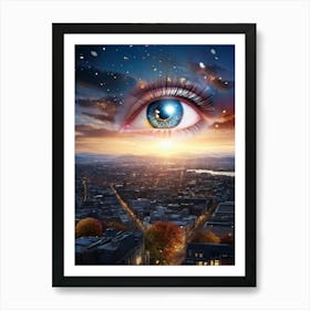 Surreal Building Sized Eye With Layers Representing Different Seasons Spring Blossoms Peering From Art Print