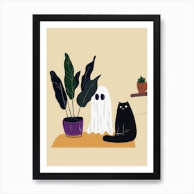 Cute Boho Ghost And A Cat Halloween Art Print