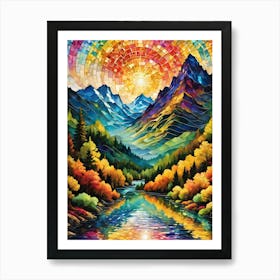 Underneath a Rainbow Sky ~ Stained Glass and Mosaic Colorful Landscape of Mountains, Sunshine, Trees and Lake Art Print