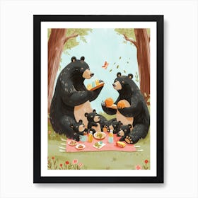 American Black Bear Family Picnicking In The Woods Storybook Illustration 3 Art Print