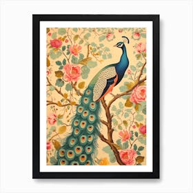 Sepia Turquoise Floral Peacock Art Print