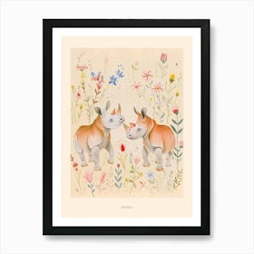 Folksy Floral Animal Drawing Rhino 4 Poster Art Print