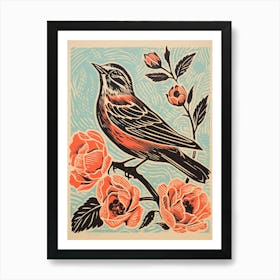 Vintage Bird Linocut Lark 2 Art Print