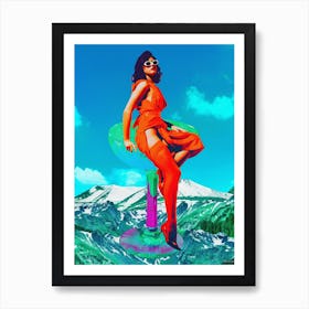 Pinup Girl Bold Vintage Collage Orange & Blue Art Print