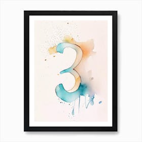 3, Number, Education Minimalist Watercolour 2 Art Print