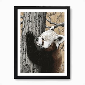 Red Panda Scratching Against A Tree Ink Illustration 4 Art Print