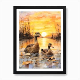 Sunset Ducks Mixed Media Collage 1 Art Print