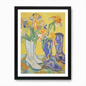 Painting Of Yellow Flowers And Cowboy Boots, Oil Style 10 Art Print