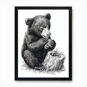 Malayan Sun Bear Cub Playing With A Beehive Ink Illustration 3 Art Print