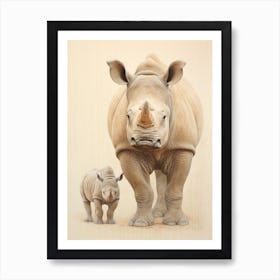 Rhino & Baby Rhino Sepia Illustration 3 Art Print