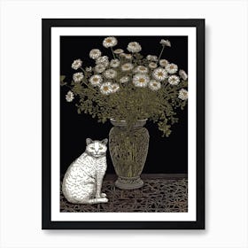 Drawing Of A Still Life Of Queen Lace With A Cat 1 Art Print