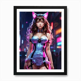 Exploring the neon cyberpunk anime world: a girl with pink cat ears and hot lingerie showing her beautiful body. Captivating and sexy. Art Print