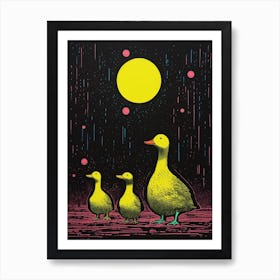 Duck Family In The Rain Linocut Inspired 1 Art Print