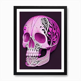 Skull With Intricate Linework 2 Pink Line Drawing Art Print