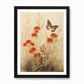 Butterflies In Wild Flowers Japanese Style Painting 8 Art Print