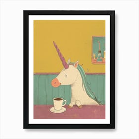 Pastel Storybook Style Unicorn Drinking Coffee In A Cafe 2 Art Print