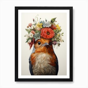 Bird With A Flower Crown European Robin 4 Art Print