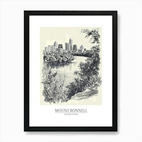 Mount Bonnell Austin Texas Black And White Drawing 1 Poster Art Print