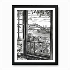 A Window View Of Sydney In The Style Of Black And White  Line Art 1 Art Print