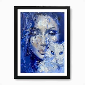 Blue Cat And Woman Art Print