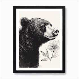 Malayan Sun Bear Sniffing A Flower Ink Illustration 1 Art Print