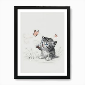 Cute Kitten With Butterflies Art Print