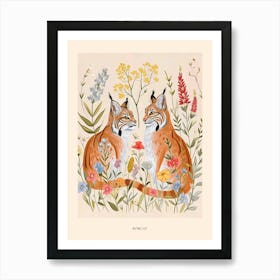 Folksy Floral Animal Drawing Bobcat Poster Art Print