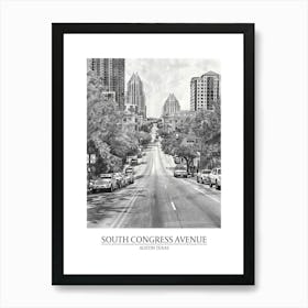 South Congress Avenue Austin Texas Black And White Drawing 4 Poster Art Print