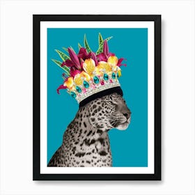 Royal Leopard Wearing Floral Crown In Blue Art Print