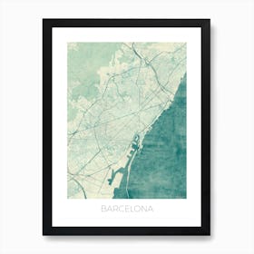 Barcelona Map Vintage in Blue Art Print