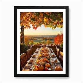 An Autumnal Thanksgiving Dinner Setting Where The Wooden Table Basks Under Golden Afternoon Sun A (4) Art Print