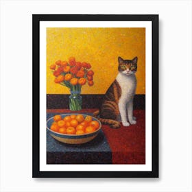 Marigold With A Cat 2 Pointillism Style Art Print