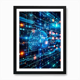 Digital Image Of A Human Brain With Circuit Board Patterns, Interconnected With Glowing Lines And Nodes Art Print