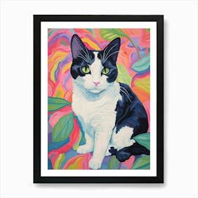 Black And White Cat In Colourful Flower Background Art Print
