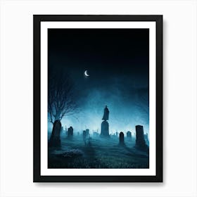 Halloween Themed Digital Painting Mist Weaving Through An Ancient Cemetery Under A Clouded Moonlit (1) Art Print