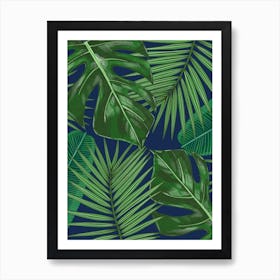 Tropical Monstera with Palm Leaves and Banana Leaves on Blue Art Print