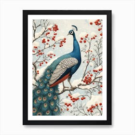 Peacock Snow Scene Vintage 3 Art Print