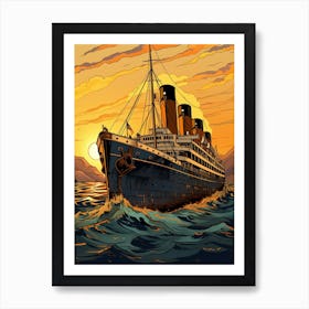 Titanic Ship At Sunset Seaillustration 1 Art Print