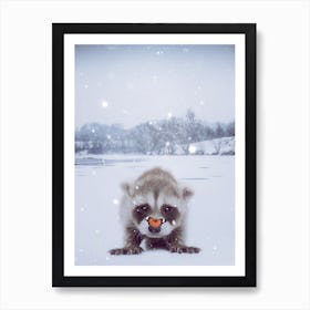 Baby Raccoon Under Snow Art Print