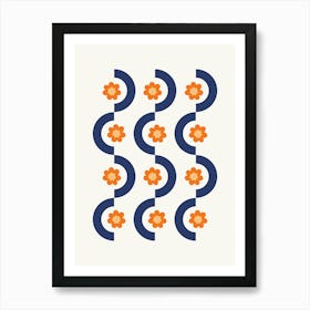 Geometric and Flower Pattern I in Navy Blue and Orange, Nostalgia Garden Shower Abstract Art Print