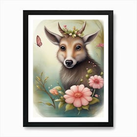 Deer With Flowers Art Print