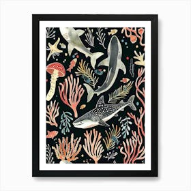 Shark Pattern Seascape Black Background Illustration 1 Art Print