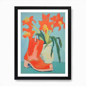 A Painting Of Cowboy Boots With Daffodils Flowers, Fauvist Style, Still Life 5 Art Print