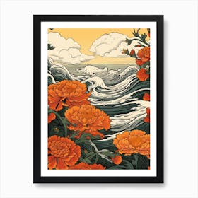 Great Wave With Marigold Flower Drawing In The Style Of Ukiyo E 3 Art Print