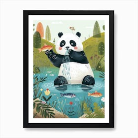 Giant Panda Catching Fish In A Tranquil Lake Storybook Illustration 1 Art Print