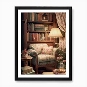 Cottagecore Cozy Book Nook Corner Flowers and Lamp Art Print
